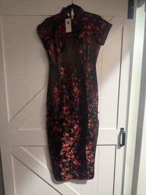 Classic Black and Red Floral Cheongsam Dress